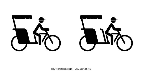 Cartoon becak, rickshaw or tricycle. Pedicab or bike taxi. Traditional vehicle public transportation. bicycles, cycling symbol. Tri cycle city transport. Indian cycle driver. For travel, tourism.