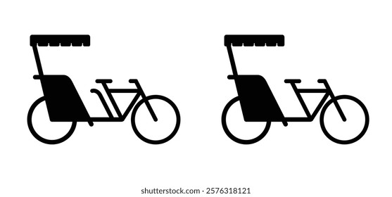 Cartoon becak, rickshaw or tricycle. Pedicab or bike taxi. Traditional vehicle public transportation. bicycles, cycling symbol. Tri cycle city transport. Indian cycle driver. For travel, tourism.
