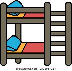 A cartoon bed with a blue pillow and a red blanket. The bed is made up and has a ladder