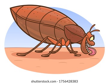 Bicho de la cama de caricatura en la piel humana listo para morder. Serie de insectos.