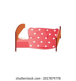 Cartoon bed with pillow and pink blanket isolated on white background. Cute polka dot bedding on wooden frame, bedroom furniture item vector illustration.