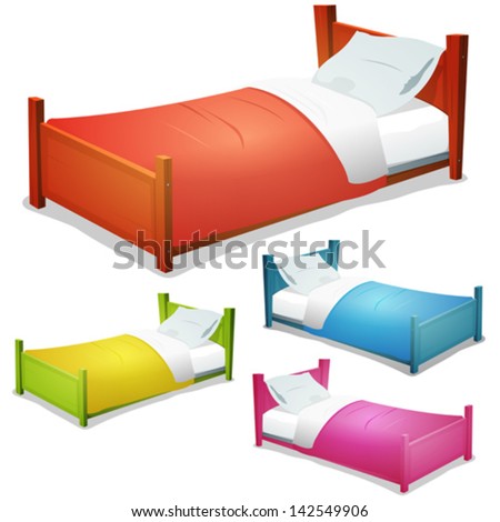 Cartoon Bed Set/ Illustration of a set of cartoon wood children beds for boys and girls with pillows and cover