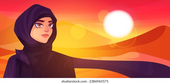 Cartoon bedouin female portrait in traditional hijab wear standing at sahara desert panoramic view with bloody red sunset and sunrise, scenic landscape, arabic sand dune travel. Vector illustration