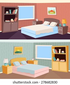 Cartoon Bedroom Apartment Living room Interior House Room Retro Vintage Vector Illustration