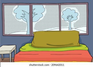 Cartoon bedroom background with trees in window