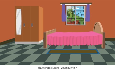 Quarto de Desenho Animado Interior Vetor Fundo para Animação - Quarto Casa Rural com Cama, Guarda-roupa, Janela, Cortinas e Vista Exterior - Ativo de Jogo 2D, Ilustração de Cena Casa Tradicional	
