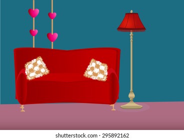 Cartoon bedroom with red sofa  pillows and red floor lamp near the sofa and hearts as a decoration 