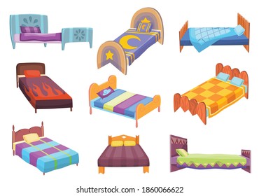 Cartoon beds collection. Vector illustration of color beds with pillow and covers. Icons of furniture