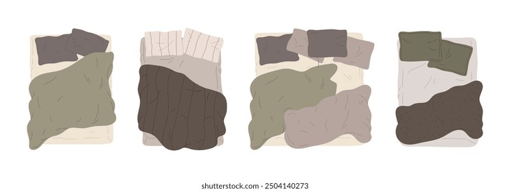 Cartoon beds. Cozy bed with beddings, modern bedroom furniture covered with cotton blanket and pillows top view flat vector illustration set. Comfortable beds view from above