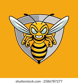 A cartoon bee with an angry expression, displayed within a shield-shaped design against a bright orange background. Suitable for esport logo