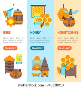 Cartoon Bee Apiary and Honey Elements Banner Vecrtical Set Flat Style Design. Vector illustration