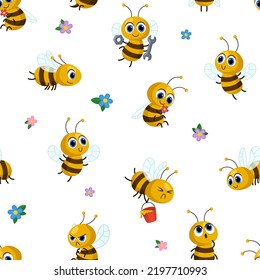 Cartoon bee background. Bees and flower seamless pattern, babies textile print with funny insect. Flying animals, daisy and honeybee garish vector template