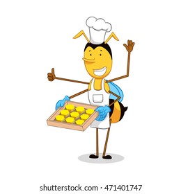  cartoon  bee. Bee baker showing muffins, pies