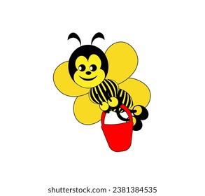 Cartoon bee with a basket. Vector illustration