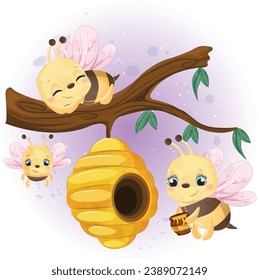 Abeja de caricatura y acuarela vectorial de colmena