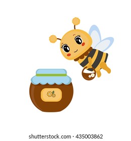 Cartoon bee bring a bucket of honey
