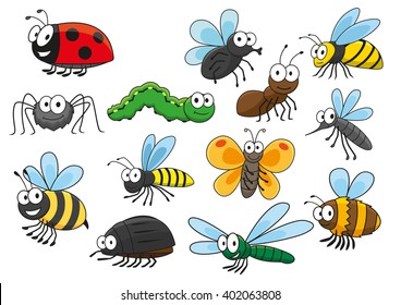 Cartoon bee and bug, butterfly and caterpillar, fly and ladybug, spider and mosquito, wasp and ant, bumblebee, dragonfly and hornet characters. Colorful funny insects for t-shirt print  design 