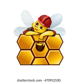 cartoon bee. Bee Builder resting on the wall of a honeycomb