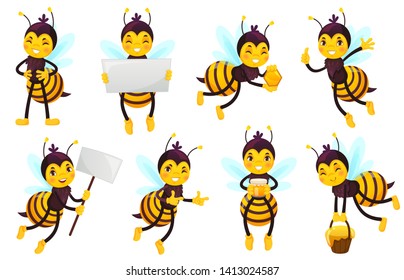 Cartoon Bee Character. Bees Honey, Flying Cute Honeybee And Funny Yellow Bee Mascot Vector Illustration Set