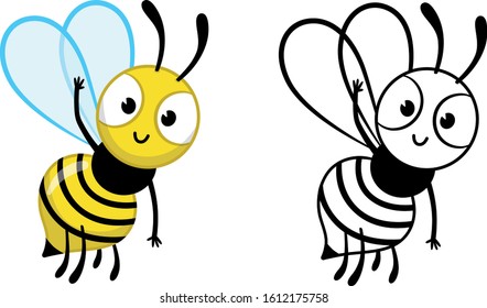 Cartoon Bee Character Greets Us. Vector Coloring Page For Kids. 
