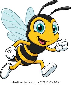 Carácter de la abeja de la historieta que corre con la cara feliz, insecto volador lindo en movimiento, Ilustración vectorial para la naturaleza, mascota, niños, o contenido del ambiente.