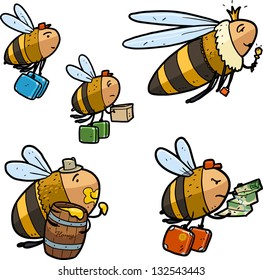 cartoon bee characters. Swarming bees. Queen bee, bees workers and fat drone guzzler. Color sketch illustration