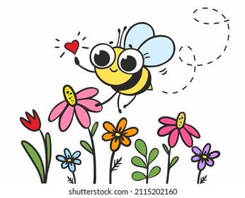 Cartoon bee collects pollen on flowers. Pollination of plants. Eco friendly illustration, bio honey, pesticide free products. Save the bees. Vector illustration