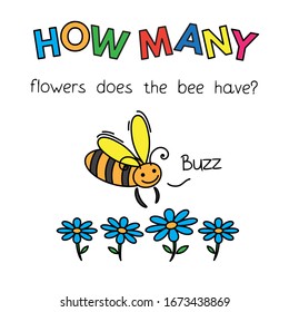 Cartoon bee counting game. Vector Illustration for children education. How many flowers does the bee have