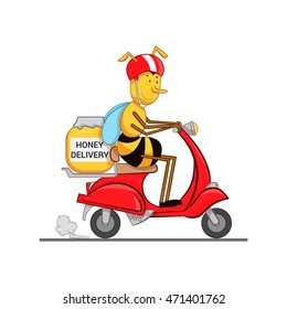  cartoon bee. bee courier on a motorcycle delivery honey