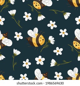 Cartoon bee cute vector seamless pattern. Festive insect and daisy flower summer kids wallpaper design.