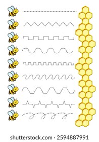 Cartoon bee and dashed line of varying patterns, such as zigzags, curves, and waves, for tracing or learning activity
