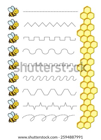 Cartoon bee and dashed line of varying patterns, such as zigzags, curves, and waves, for tracing or learning activity