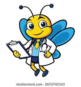 Cartoon bee doctor holding clipboard and stethoscope