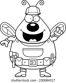 A cartoon bee dressed in overalls and a tool belt.
