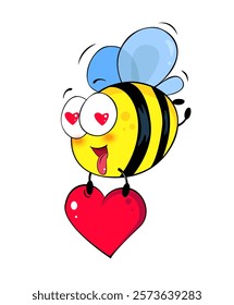 Cartoon bee fall in love. St. Valentines greeting banner, card, love character, cartoon bee stickers