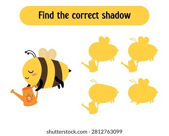Cartoon bee find the correct shadow educational game for children.
