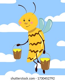Cartoon bee flies with a bucket full of honey. Vector illustration for children, print, card and poster.