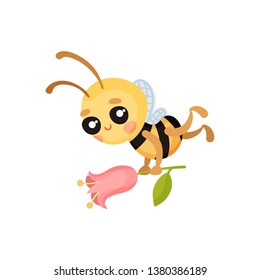 Cartoon bee flies with a flower in his hands. Vector illustration.