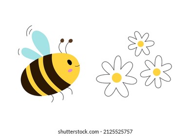 Cartoon bee with flowers. Isolated cute illustration. . Vector illustration