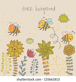 Cartoon bee and flowers. Spring concept card. Summer floral background in vector