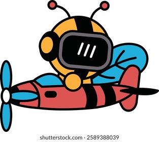 A cartoon bee is flying in a airplane