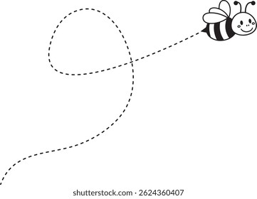 Cartoon bee flying along a dotted path. Bee flying on a dotted route vector illustration