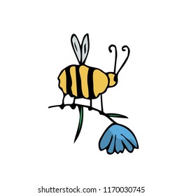 Cartoon bee flying with blue flower