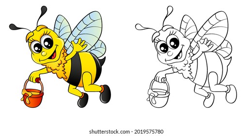 Cartoon bee flying with bucket honey. Colour and black white vector illustration for coloring book