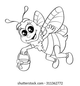 Cartoon bee flying with bucket honey. Black and white vector illustration for coloring book
