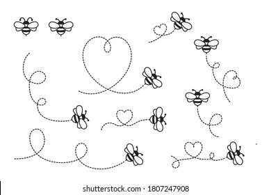 Cartoon Bee Flying on a Dotted Route. Vector illustration isolated on background.
