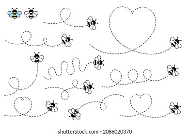 Cartoon Bee Flying on a Dotted Route. Vector illustration isolated on background.