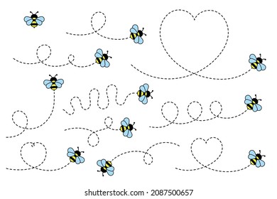 Cartoon Bee Flying on a Dotted Route. Vector illustration isolated on background.