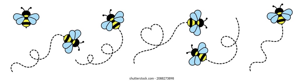 Abeja de caricatura volando por una ruta trazada. Ilustración vectorial aislada en el fondo.