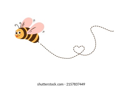 Cartoon bee flying on a dotted route isolated on the white background. Vector illustration.